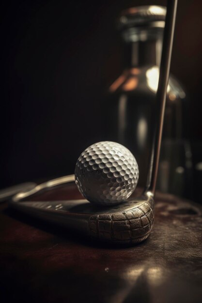 Foto una pelota de golf descansa sobre una base de metal en una habitación oscura.