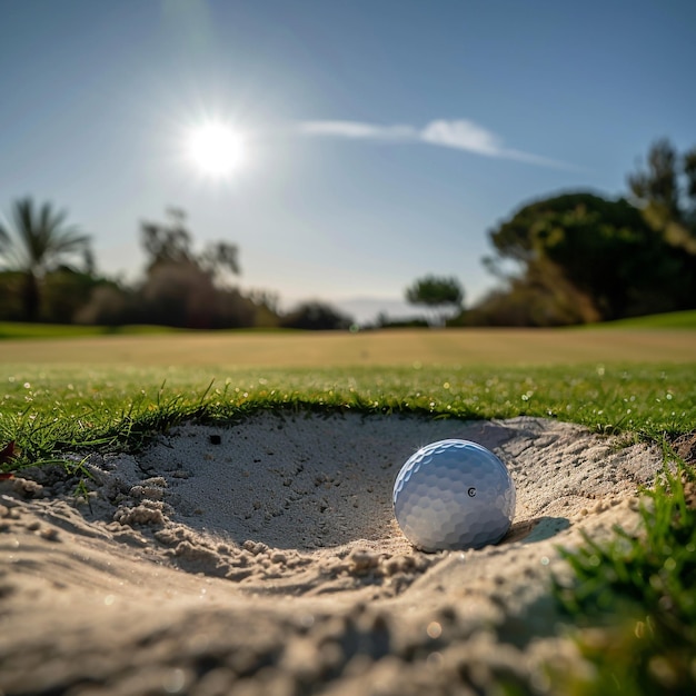 una pelota de golf está en la arena en el agujero