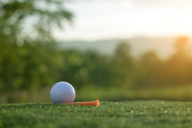 La pelota de golf está en un césped verde en un hermoso campo de golf