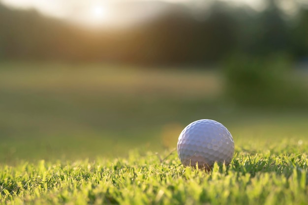 La pelota de golf está en un césped verde en un hermoso campo de golf