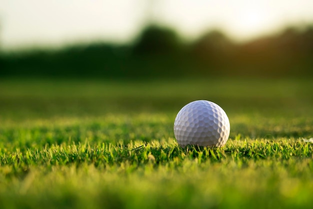 La pelota de golf está en un césped verde en un hermoso campo de golf