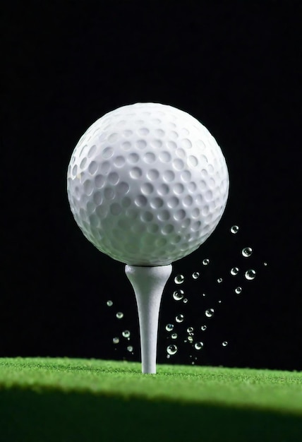 una pelota de golf está en un tee con gotas de agua volando en el aire