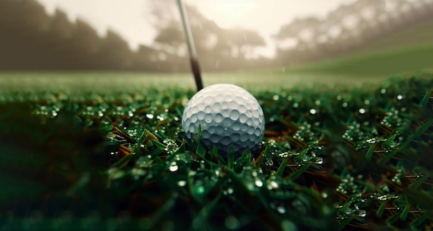 Pelota de golf en IA generativa de banner de campo verde