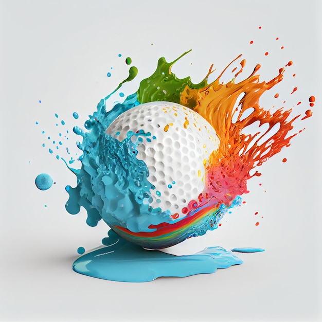 Pelota de golf o pelota de golf con ilustración de render 3d de salpicaduras de pintura abstracta