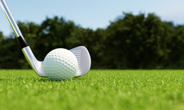 Pelota de golf y palo de golf con fondo verde de calle Deporte y concepto atlético