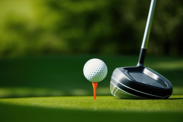 Pelota de golf y palo en un prado verde IA generativa