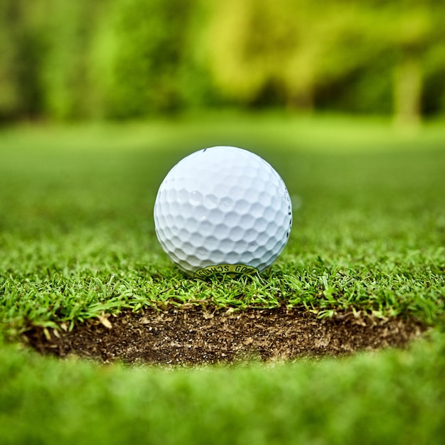 Pelota de golf en la pelota de golf verde en el borde de la copa