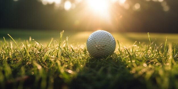Una pelota de golf se sienta en la hierba bajo el sol.