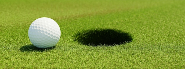 Pelota de golf sobre hierba en calle con agujero sobre fondo verde Deporte y concepto atlético