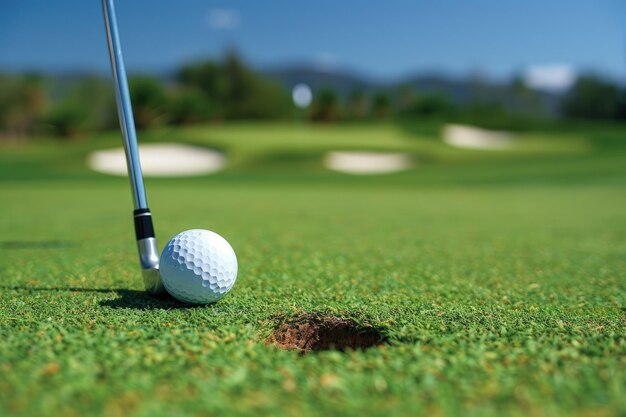 Una pelota de golf en un tee cerca de un agujero