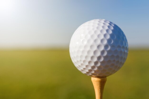 Pelota de golf en tee. De cerca.