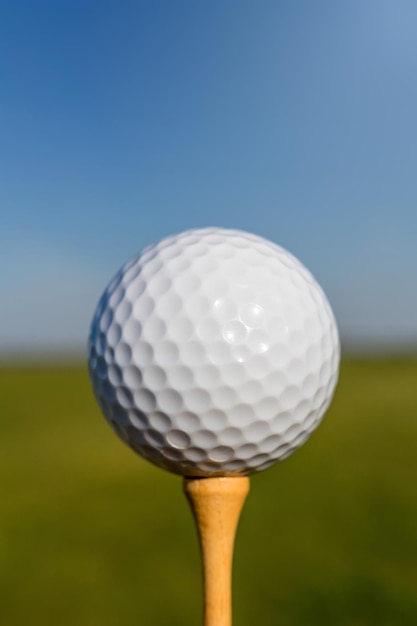 Pelota de golf en tee. De cerca.