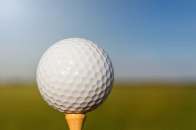 Pelota de golf en el tee. De cerca.