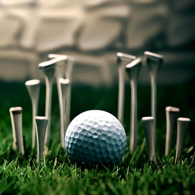 Pelota de golf y varios tees de césped contra una pared.