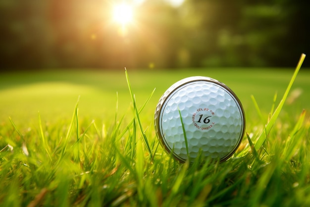 Una pelota de golf en un verde con un marcador digital en el fondo
