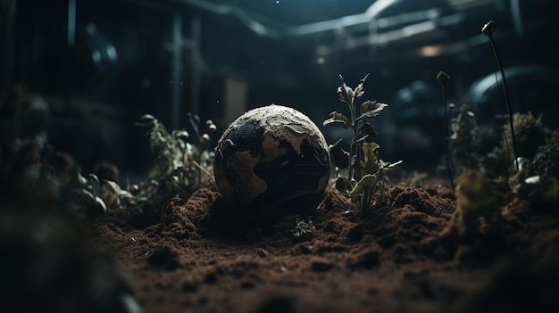 Una pelota en una habitación oscura de la que crecen plantas.