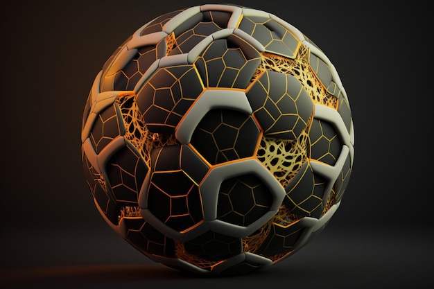 Una pelota hecha de negro y oro con la palabra fútbol.