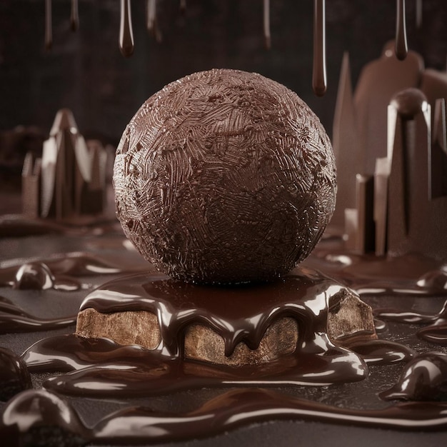 Foto una pelota en una mesa con salsa de chocolate y una corriente de agua que fluye sobre ella