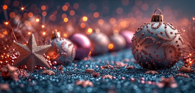 una pelota de Navidad en el suelo con un montón de bolas de Navidad al fondo