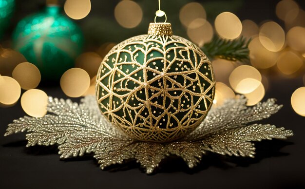 Foto una pelota ornamental de navidad dorada y verde