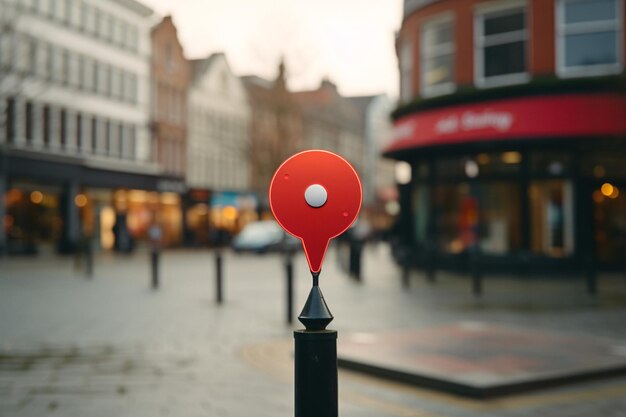 Pelota de ping pong roja vibrante en un poste urbano en el corazón de la ciudad IA generativa