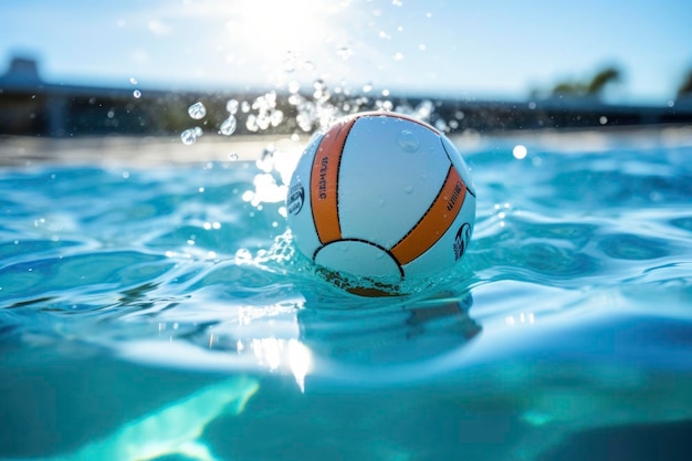 La pelota de polo acuático en la brillante superficie de la piscina