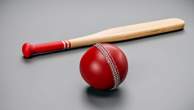 Una pelota roja y un bate están al lado de una pelota roja.