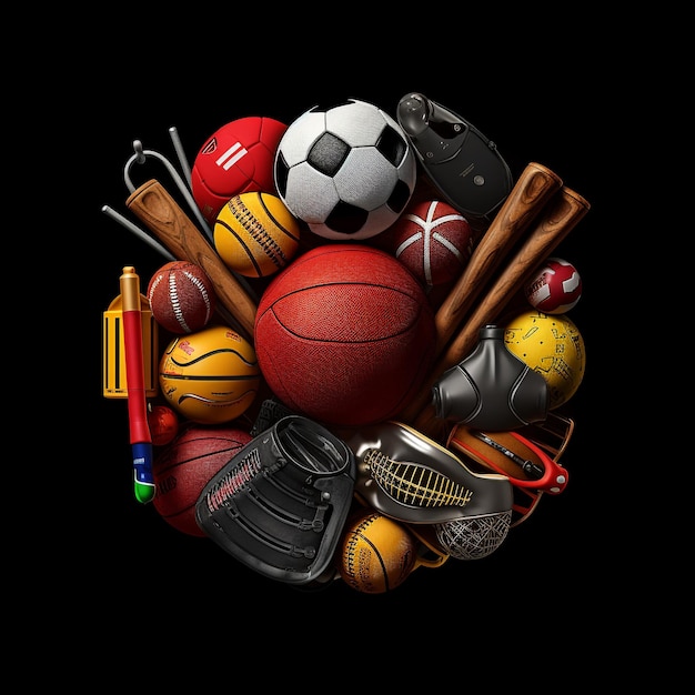 Foto una pelota roja con una cara roja está rodeada por un montón de equipos deportivos