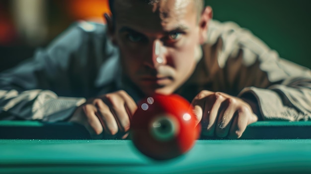 Foto la pelota roja y el jugador de billar el hombre juega al billar