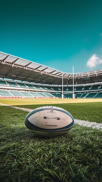 Una pelota de rugby en un estadio de fútbol profesional