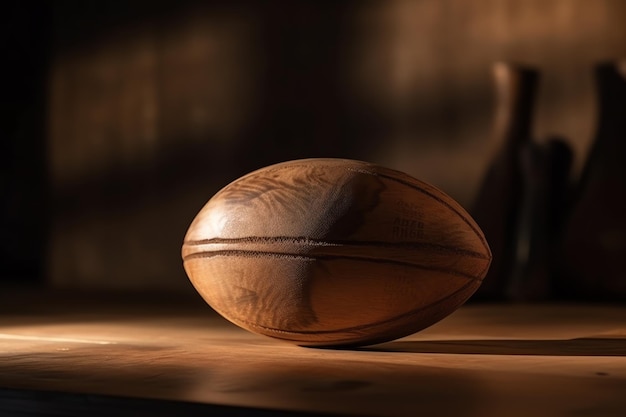 Una pelota de rugby de madera se sienta sobre una mesa en una habitación oscura