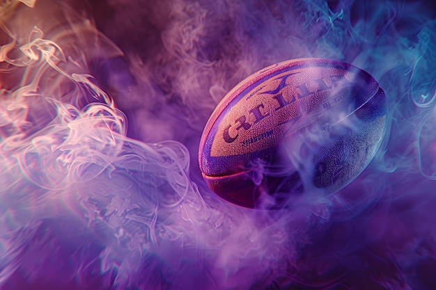 Pelota de rugby realista sobre un fondo creativo de humo y formas renderizadas en 3D