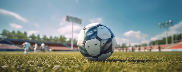 Pelota sobre fondo de estadio de fútbol de campo verde IA generativa