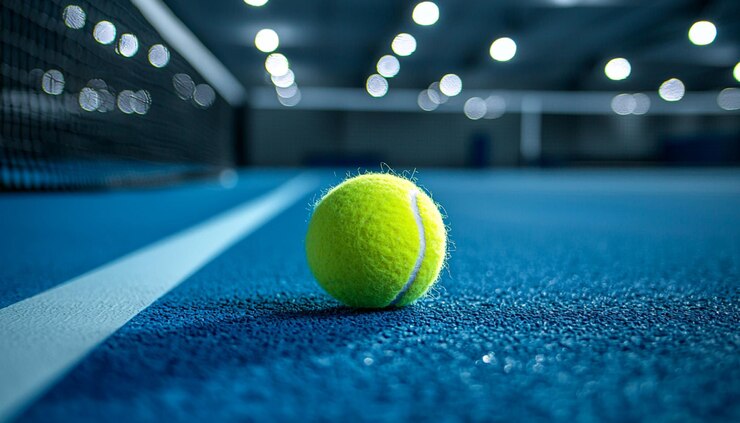 una pelota de tenis en una alfombra azul con luces en el techo