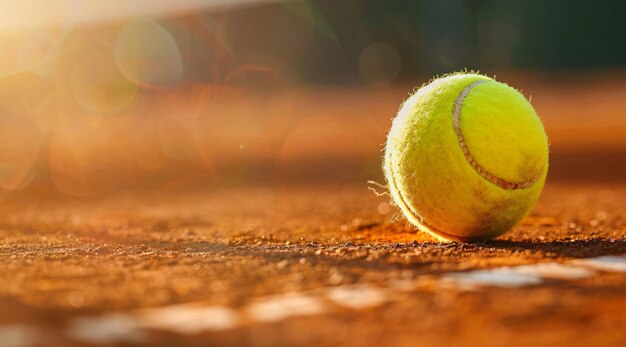 Foto una pelota de tenis está en la cancha y el sol está brillando