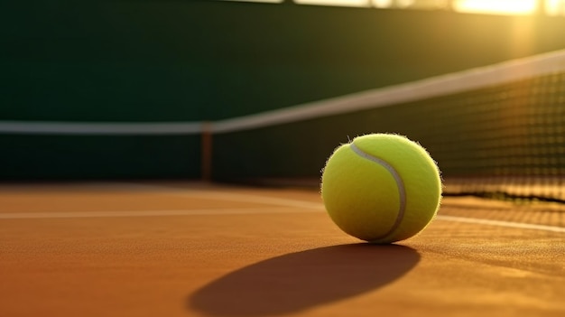 Una pelota de tenis en una cancha de tenis con un fondo verde.