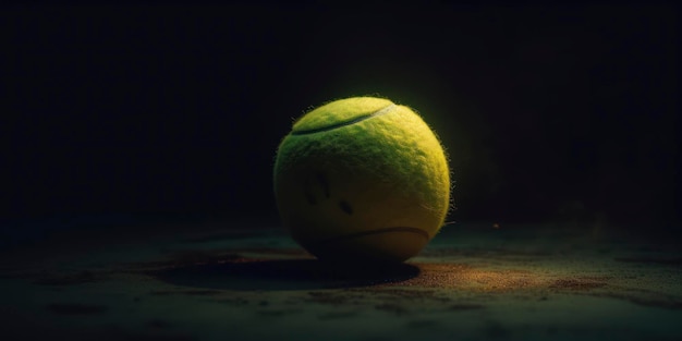 Foto una pelota de tenis con una cara triste se asienta sobre una superficie oscura.