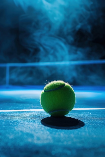 La pelota de tenis en el efecto de los reflectores de la cancha azul