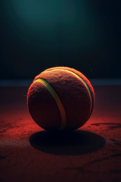 Una pelota de tenis está sobre una superficie roja con una luz brillando sobre ella.