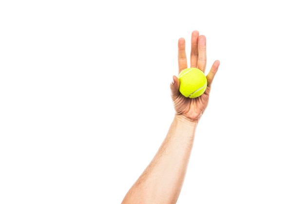 Pelota de tenis en mano masculina aislado sobre un fondo blanco.
