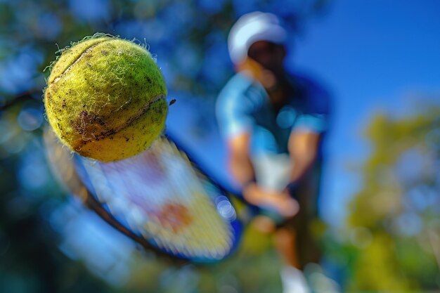 Foto pelota de tenis de primer plano con atleta masculino desfocado con raqueta en el fondo