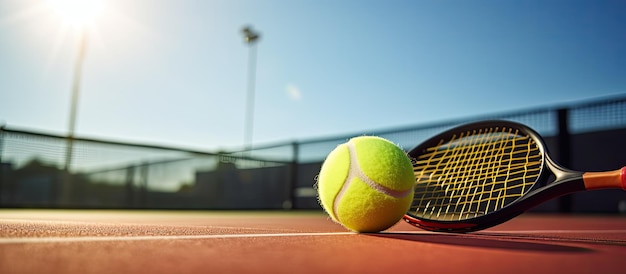 Pelota de tenis y raqueta colocadas en una cancha de tenis en un día soleado con espacio libre para copiar