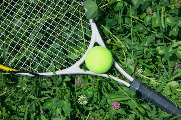 Pelota de tenis y raqueta en el fondo de hierba verde