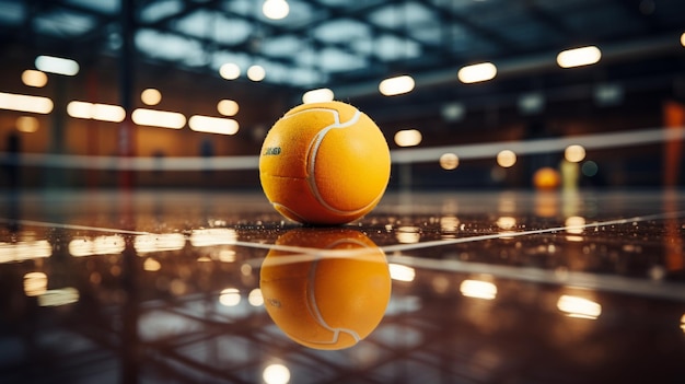 Foto pelota de tenis con una raqueta en un gimnasio