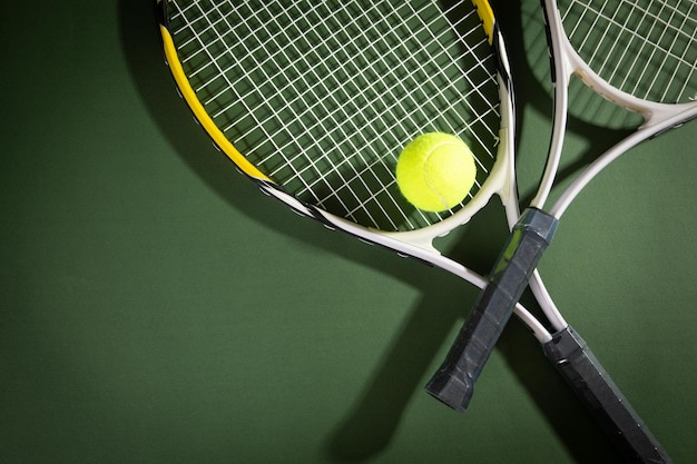 Pelota de tenis y raquetas en el fondo verde