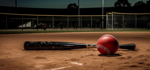 Pelota vieja y bate de béisbol en el primer plano del campo de softbol con idea de espacio libre para un banner AI generat