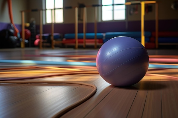 Pelota de yoga y bandas de ejercicio en el suelo del gimnasio.