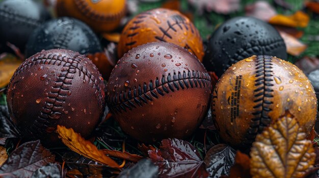 Pelotas de béisbol descansando en la parte superior de las hojas IA generativa