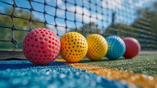 Pelotas de colores en una cancha de tenis con red Foco selectivo IA generativa