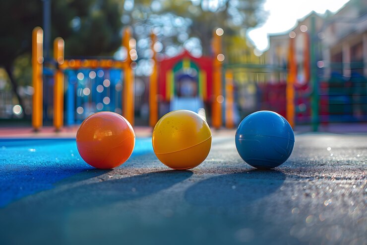 Pelotas coloridas y vibrantes en una superficie de patio de recreo